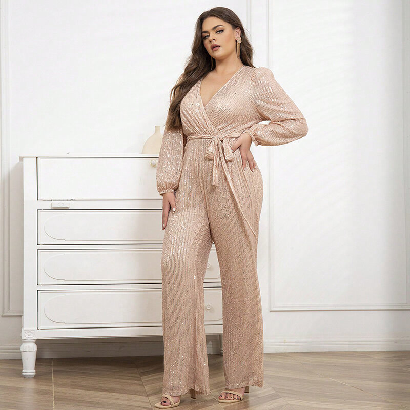 Women Plus Size Jumpsuits Fall New Sexy Temperament Ladies Party Jumpsuit Pants Sequins V-neck Long-sleeved Straight Jumpsuit