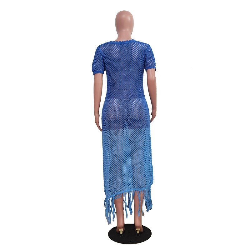 Женское трикотажное пляжное платье с бахромой, летнее ажурное длинное платье стрейч с коротким рукавом, накидка для отдыха, меняющие цвет