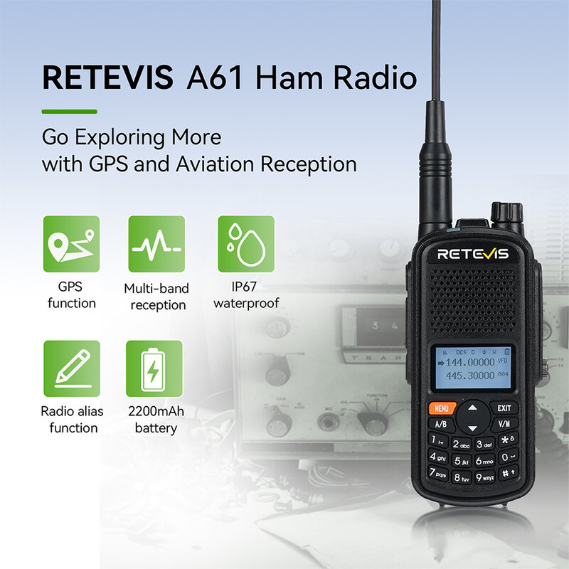 Retevis A61 Walkie Talkie GPS IP67 Waterproof Analog Ham Radio 5W Amateur Radio Station Aviation Receiving Radio USB C Charging