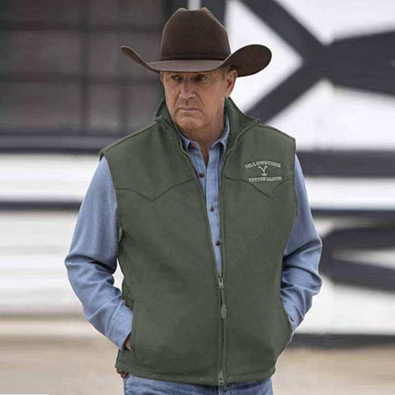 Mannen Vest Yellowstone Jas Revers Bruin Afdrukken Rits Vest Slim Fit Voor Casual Daily Outdoor Mannelijke Vest Jas Kleding