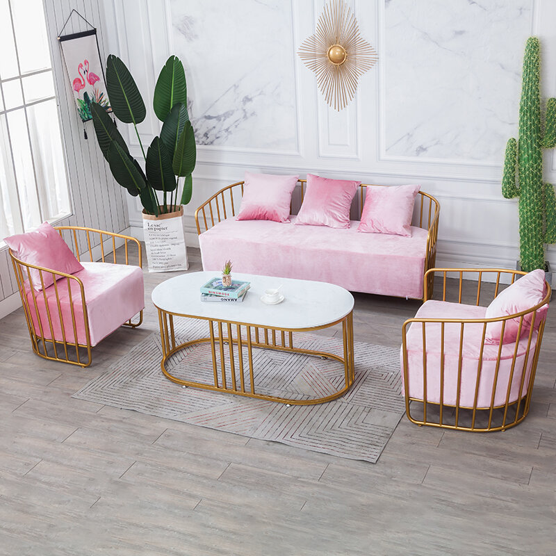 Sofá de hierro nórdico, sofá de tienda de ropa nupcial, dorado, simple, moderno, individual y doble, combinación de mesa de centro