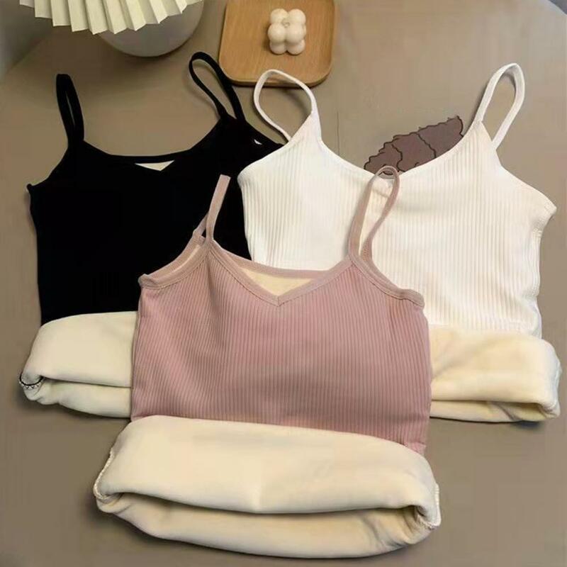 V-Neck Spaghetti Strap Top Ribbed Sling Vest Fleece Lining Solid Color Knitting Top Y 2K Mouwloze Tank Tops For Daily Wear