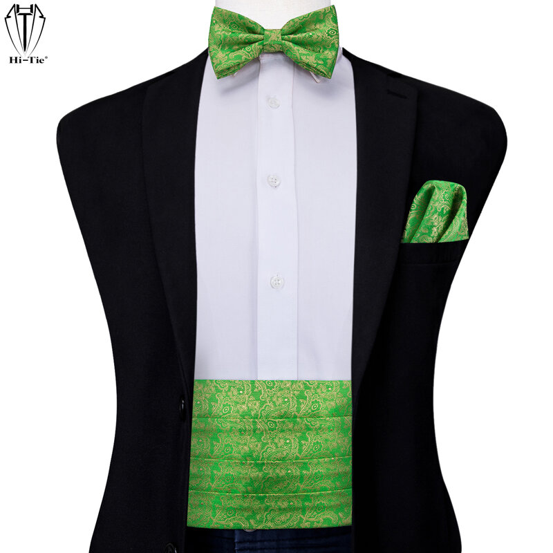 Hi-Tie Silk Mens Cummerbunds abito formale Vintage verde Pailey Bowtie Hanky gemelli Cummerbund cintura corsetto per uomo abito regalo
