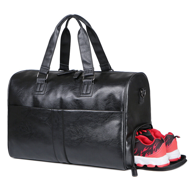 Fashion Leather Men Travel Duffel Bag Large Capacity Carry on Luggage Bag Male Shoulder Bag Dry Wet Separation Gym Fitness Bag