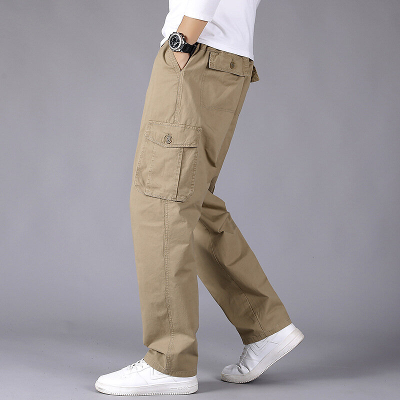 Calça casual larga de carga masculina, corredores masculinos de bolso múltiplo, calça militar, monocromática, algodão, tamanho grande, 6XL, nova moda, 2020