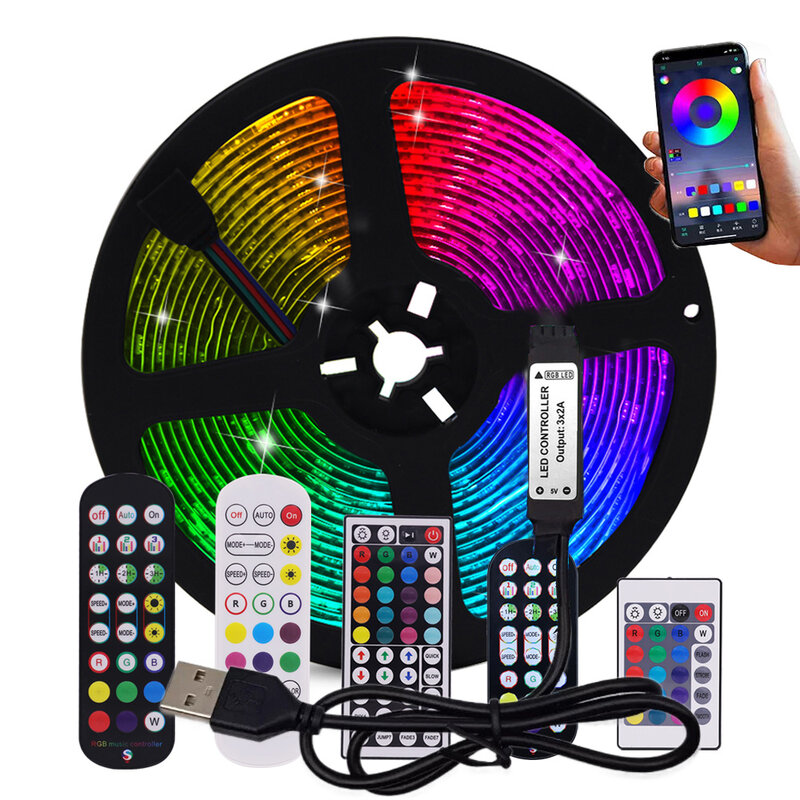 Tira de luces LED RGB de 5V, 5050, alimentación por USB, Control remoto, 5m, 10m, cinta de luces, retroiluminación de TV, decoración de vacaciones, PCB negro de 0,5/1/2/3m