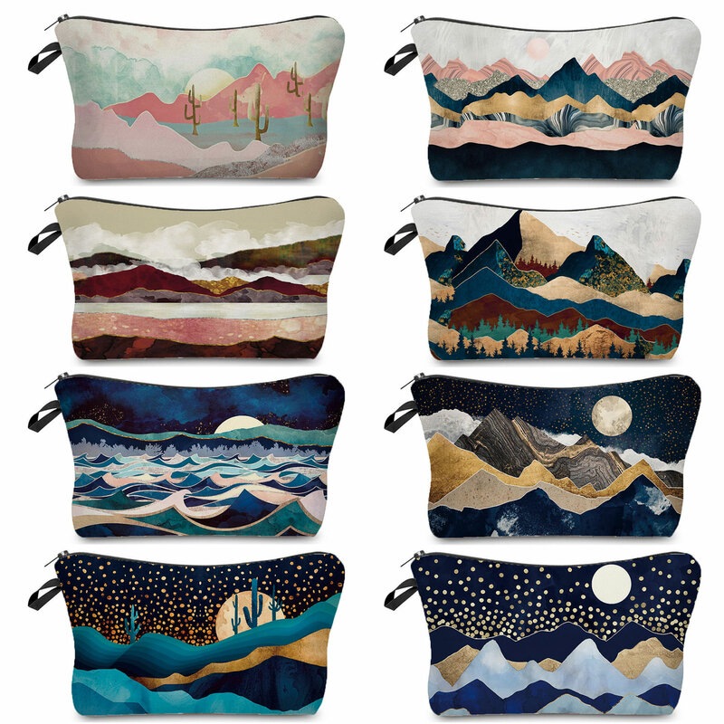 Storage For Cosmetics Portable Fashion Printed Organizer Outdoor Beach Size Japanese Style Landscape Painting Makeup Bag Simple