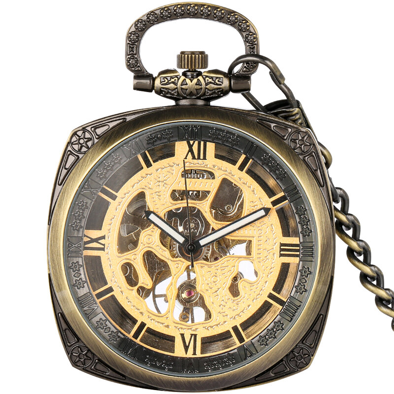 Vintage Bronze Square Mechanical Hand Winding Pocket Watch Hollow Out Roman Numerals Dial Open Face Pendant Pocket Clock Men