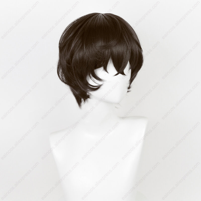 Anime Dazai Osamu Cosplay Perruque avec Bonnet, Cheveux Courts Bruns Foncés, Perruques Synthétiques, Degré de Chaleur, 30cm