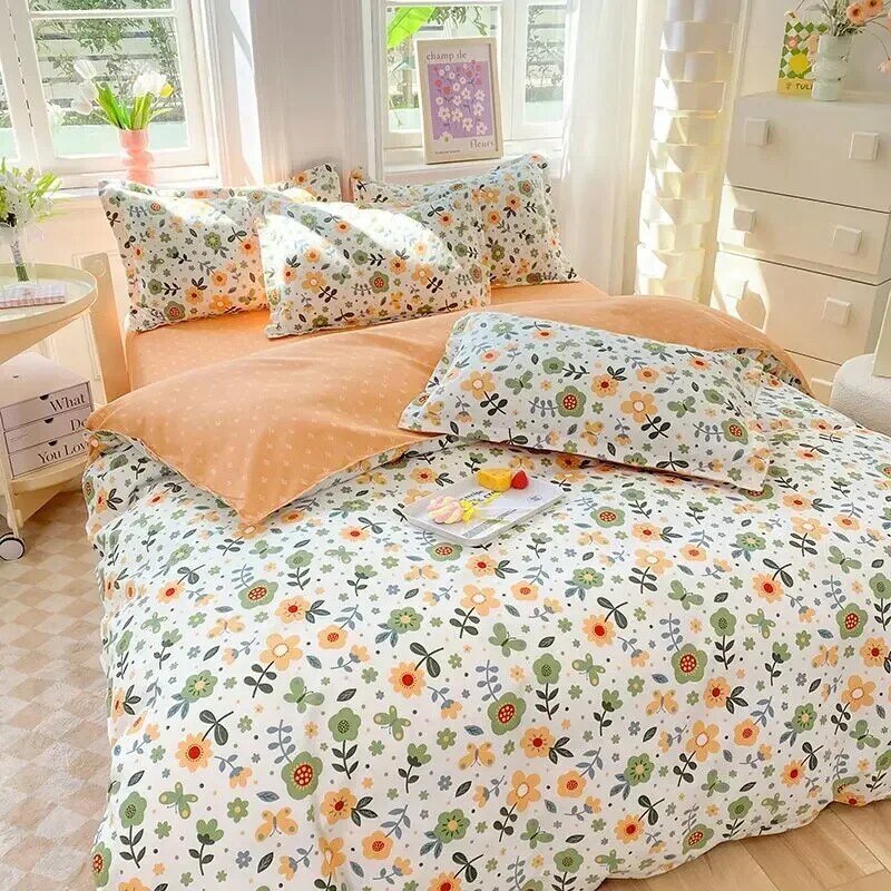 غطاء لحاف كوري بسيط بنمط الفراولة ، ملاءة سرير ، غطاء وسادة ، طقم مفارش سرير من 4 قطع ، مقاس كبير ، سرير مزدوج