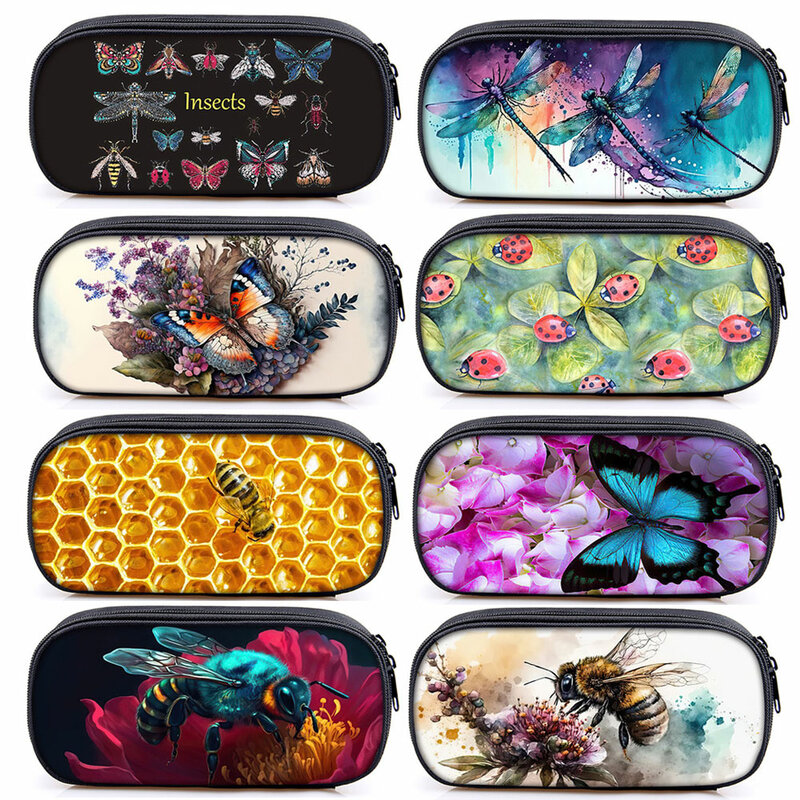 Cute Insects Print Cosmetic Case Pencil Bag Women Makeup Bags Butterfly Dragonfly Honeybee Pen Box Casual Storage Bags Organizer
