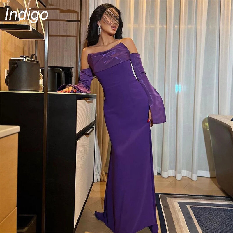 Indigo-vestido de noche de satén para mujer, traje elegante de manga larga sin tirantes, con espalda abierta, largo hasta el suelo, 2024