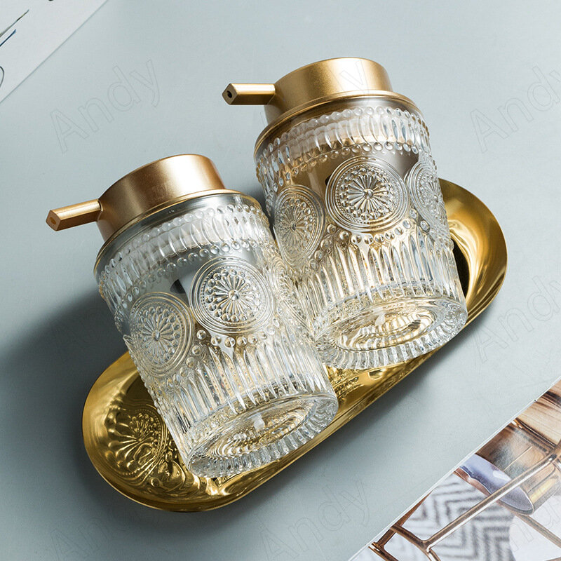 ขวดสบู่แก้วสไตล์ยุโรปสีทองชุดขวดแชมพูแบบตั้งโต๊ะสำหรับตกแต่งบ้านและห้องน้ำ
