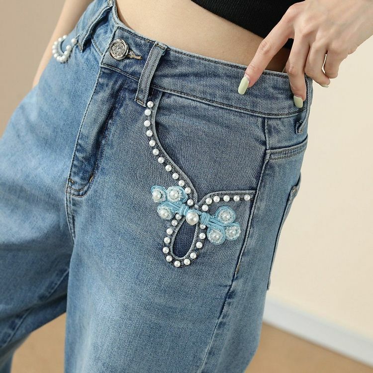 Джинсы с вышивкой Феникс шикарные женские прямые брюки с жемчугом украшение для женщин графика с принтом джинсовые летние в Корейском стиле