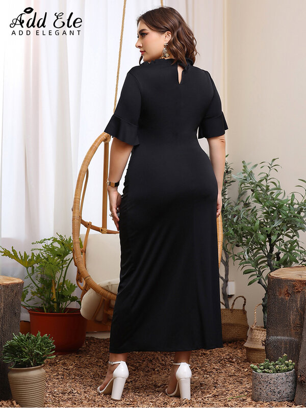 Add Elegant Summer Plus Size Dress for Women Flare Sleeve O Neck Gathered Drawstring Female Office Lady Bodycon Dresses B235