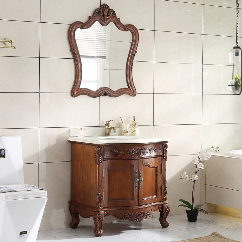 Red Oak European Bathroom Cabinet Small Apartment Wash Basin Cabinet Combination Solid Wood Washstand