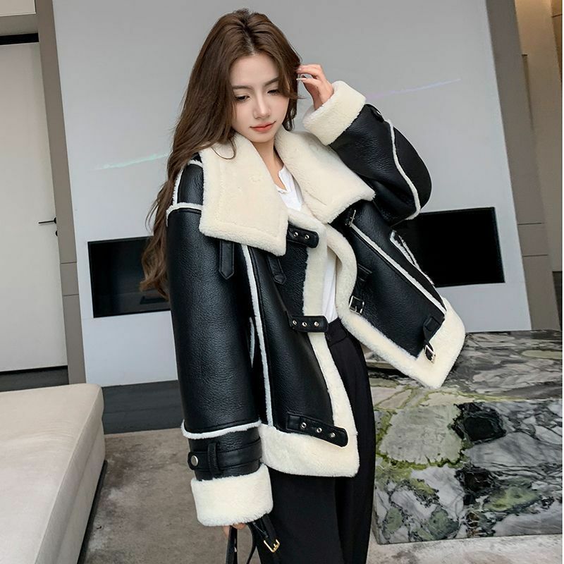 Осень-зима 2023, новое женское меховое короткое кожаное пальто с мехом, корейское свободное Композитное плотное теплое пальто из овечьей шерсти, верхняя одежда