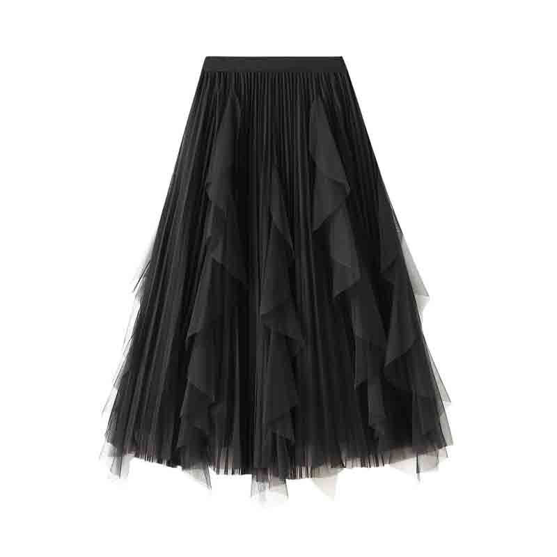 Женская юбка с оборками и шитьем, юбка-трапеция с завышенной талией, юбка из газовой ткани средней длины, плиссированная юбка с широкой юбкой, T62, весна-лето 2023