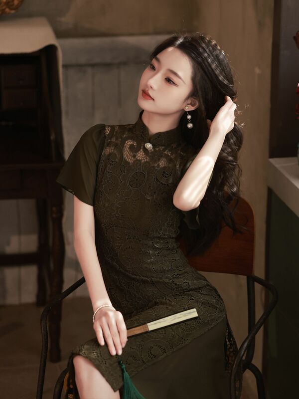 Qipao de encaje negro mejorado tradicional chino para mujer, Cheongsam de manga corta Vintage de verano