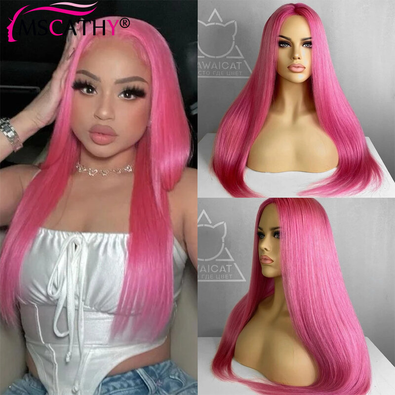 Peluca frontal de encaje transparente para mujer, cabello humano virgen brasileño, línea de pelo prearrancada, color rosa, 13x4 HD, sedoso y liso