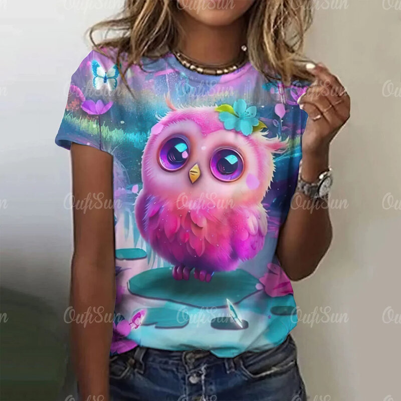 Летняя женская футболка с круглым вырезом и коротким рукавом, футболка с 3d рисунком совы, пуловер, топ, модная уличная женская одежда 2024