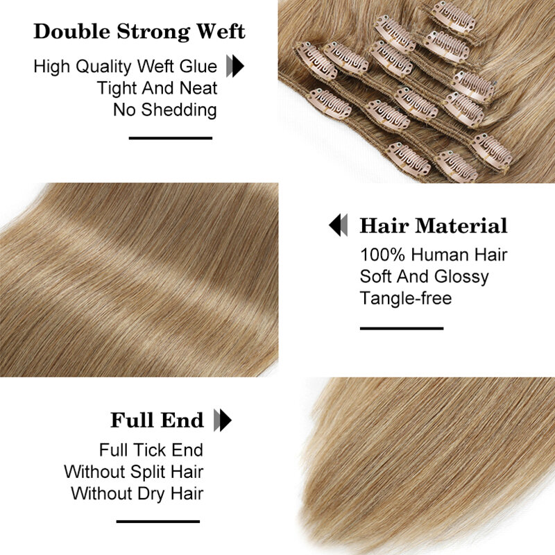 Extensiones naturales de cabello humano Real con Clip recto para mujeres negras, extensión de cabello brasileño de cabeza completa
