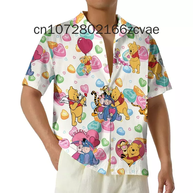 2024 Nieuwe Disney Valentijnsdag Hawaiiaans Shirt Casual Mode Knoop Hawaiian Shirt Heren-En Damesshirt Met Korte Mouwen