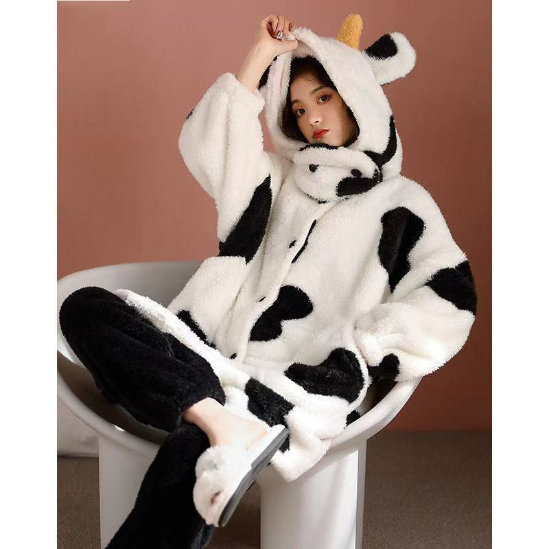 Baju tidur wanita, pakaian tidur wanita hoodie tebal, jubah musim dingin Kawaii, piyama bulu hewan anak perempuan, pakaian rumah kartun sapi