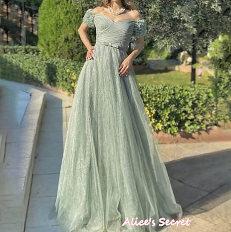 Sparkly Tulle Evening Dress Party Prom Gown A-Line Sweetheart Off-Shoulder Sweetheart Short Sleeves Bow Pleat Belt Floor Length