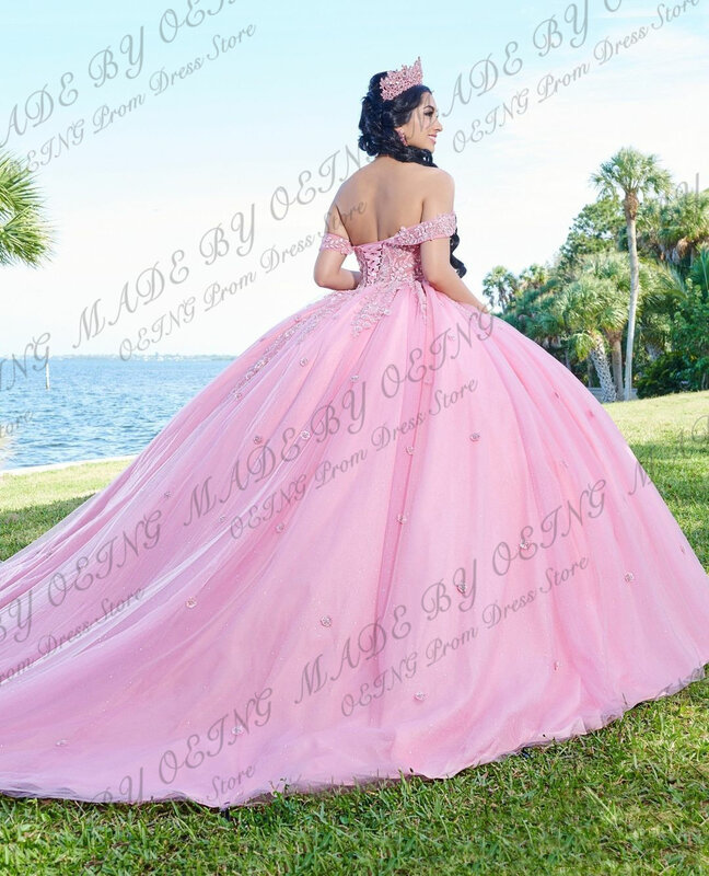 فستان كوينسيانيرا وردي اللون مكشوف الأكتاف مع قطار صغير ، فستان الأميرة للحفلات الراقصة ، مزين بالدانتيل ، 15
