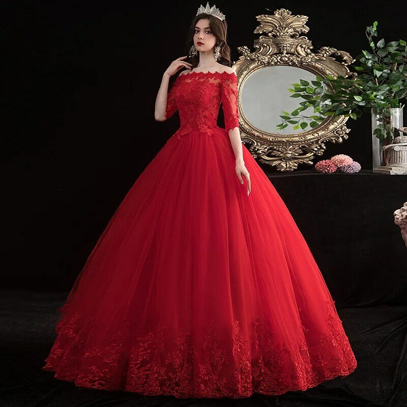 Красные свадебные платья, элегантное платье с вырезом лодочкой, классическое кружевное бальное платье, модель 2023 года