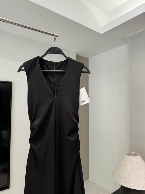 Vestido Midi plisado con dobladillo asimétrico sin mangas para Mujer, vestido negro ajustado, moda elegante, nuevo