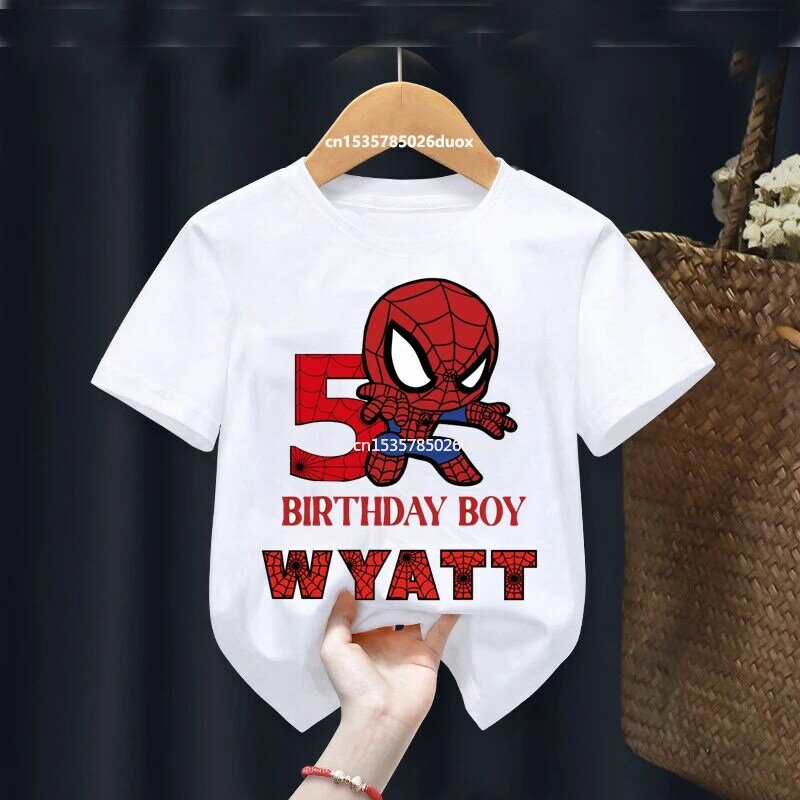 Estate nuova 2 3 4 5 6 7 8 9 Marvel Spiderman Birthday Girl Shirt Kid personalizza nome compleanno magliette bianche per ragazzi a maniche corte