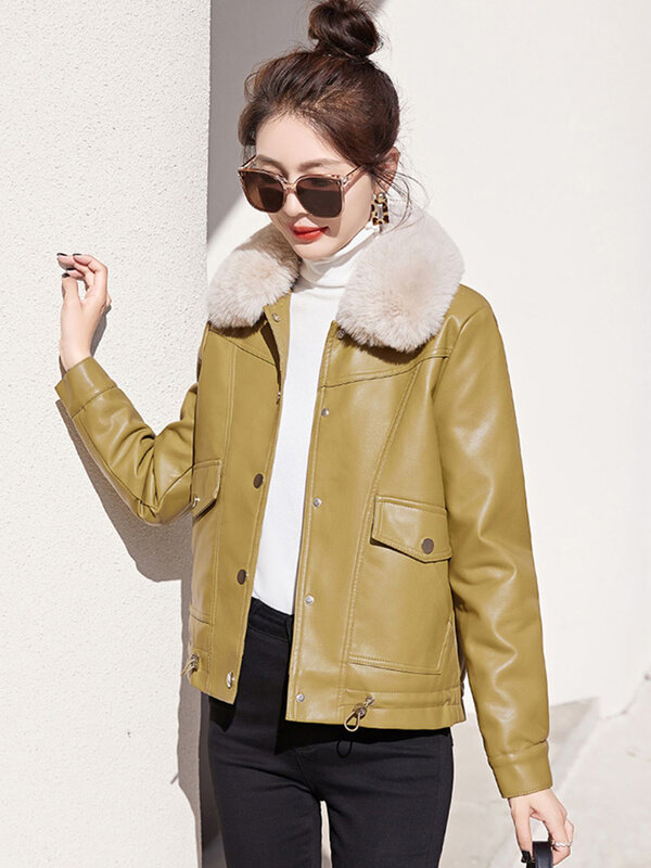 New Women Plus Velvet Lining Leather Jacket Autumn Winter Casual Fashion Fur Collar Loose Thicken Warm Leather Coat Female