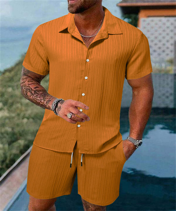 Camisa informal de fitness para hombre, pantalones cortos de manga corta sueltos de color sólido, traje de playa, tendencia de moda de verano