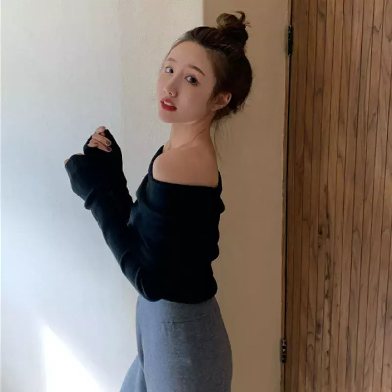Off Shoulder Elegant Sweater Jumper Women Slash Neck Stretch Long Sleeve Pullover Solid All-Match Outwear Korean Chic