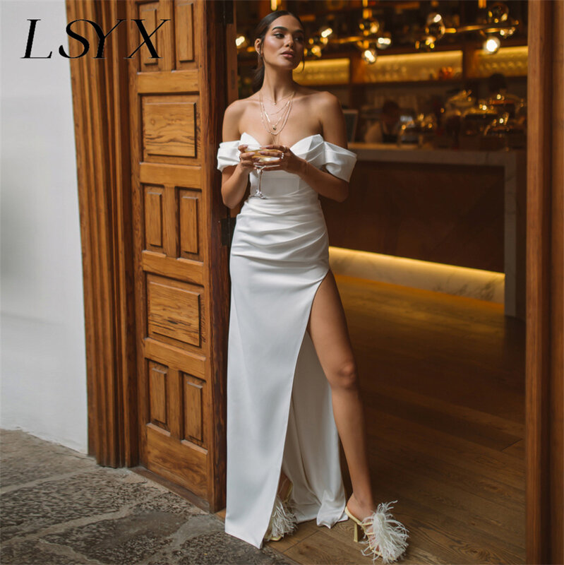 LSYX gaun pernikahan bahu terbuka kerah V sederhana gaun pengantin panjang lantai belahan sisi tinggi kancing belakang gaun pengantin buatan khusus