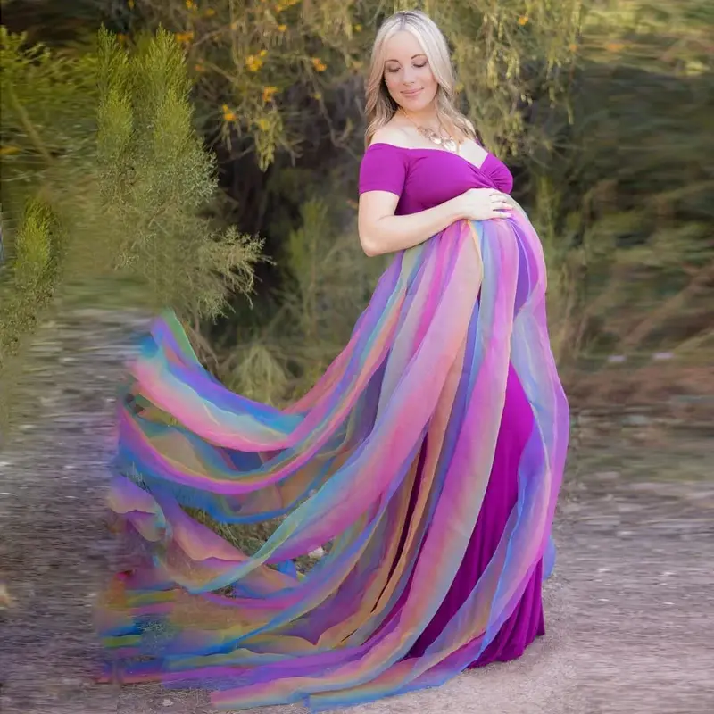 Vestido fotográfico de maternidade para mulheres grávidas, Rainbow Flowy, Vestido de gravidez, Fotografia de gravidez, Vestidos longos elegantes, Baby Shower