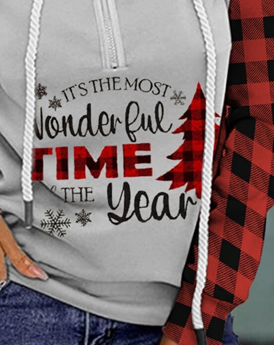 여성용 따뜻한 지퍼 드로스트링 디자인 스웨터, 크리스마스 프린트 격자 무늬 패널, 후드 풀오버 스웨터, 2023 가을, 겨울, 신상 패션