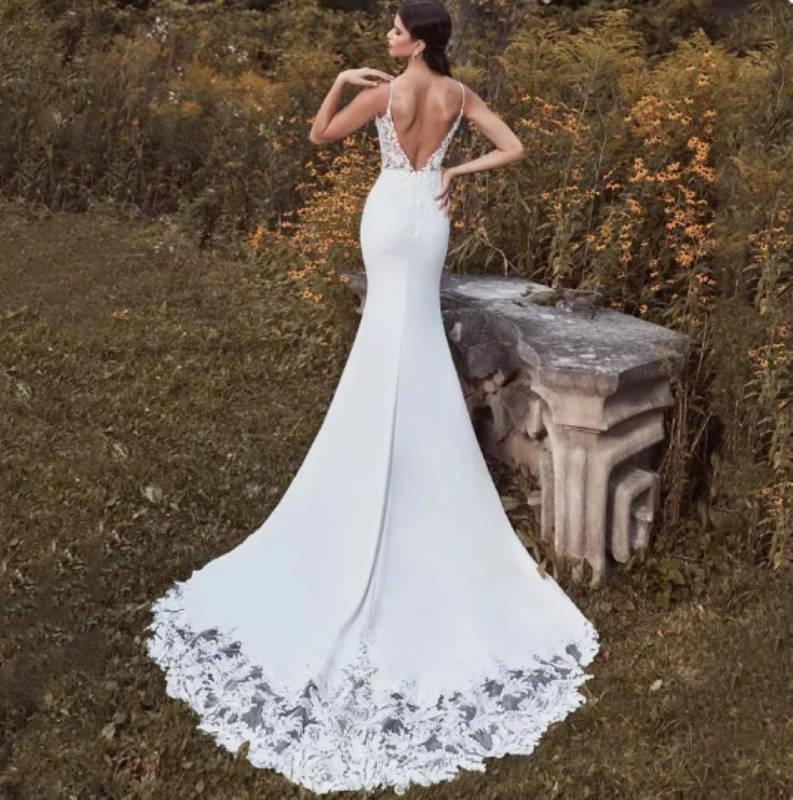 Othray 2024 Элегантное свадебное платье на бретельках с V-образным вырезом без рукавов длинное сексуальное кружевное свадебное платье с юбкой-годе с открытой спиной и шлейфом