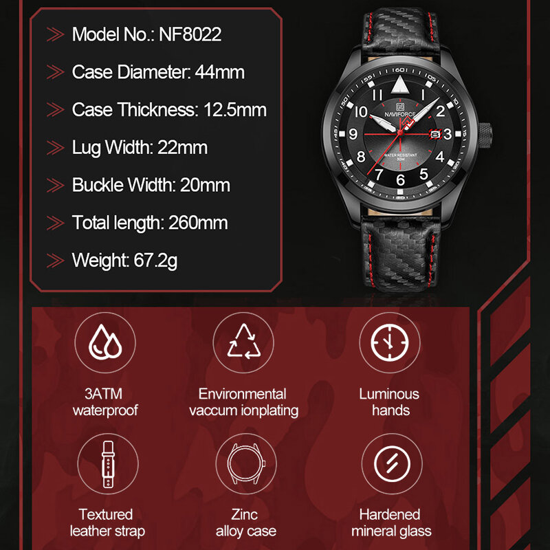 NAVIFORCE Men Original Black Leather Wristwatch 30m Waterproof Casual Quartz Calendar Male Clock with Luminous Hands Man Watches