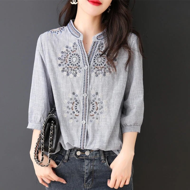 Camisa de linho de algodão feminina, coreana, elegante, bordada, casual, mangas 3/4, blusa fina, top feminino, verão, nova