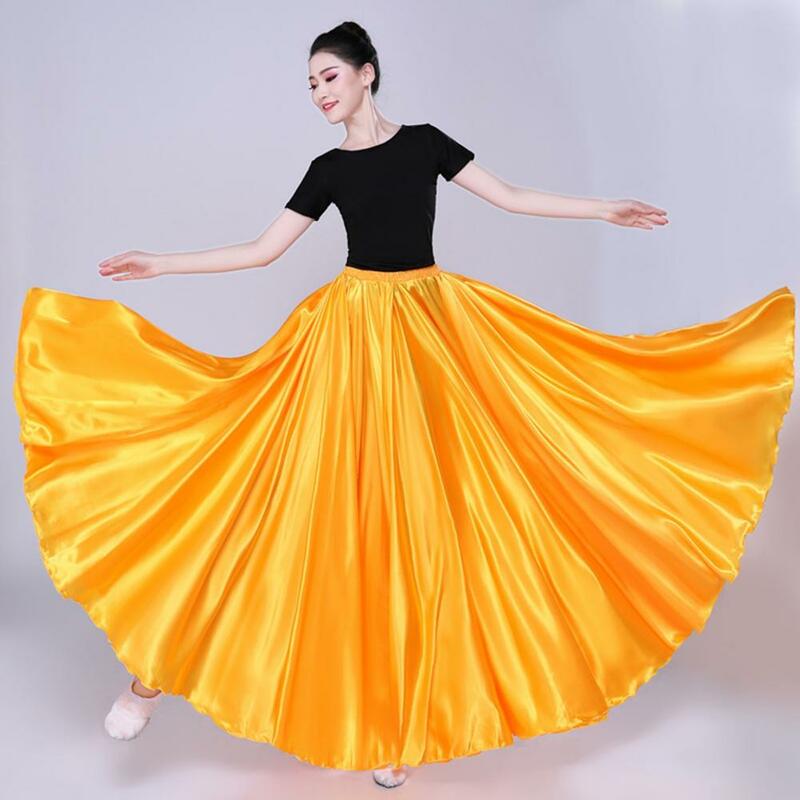 Solid Color Skirt Elegant Satin Performance Skirt with High Elastic Waist Pleated Super Big Hem for Spanish Dance Swing Dancing