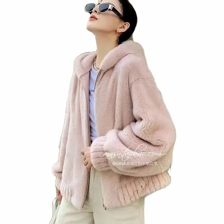 Abrigo con capucha de felpa de terciopelo de visón de imitación de Corea, Chaqueta corta de piel con fragancia pequeña versátil, estilo de invierno Para Mujeres