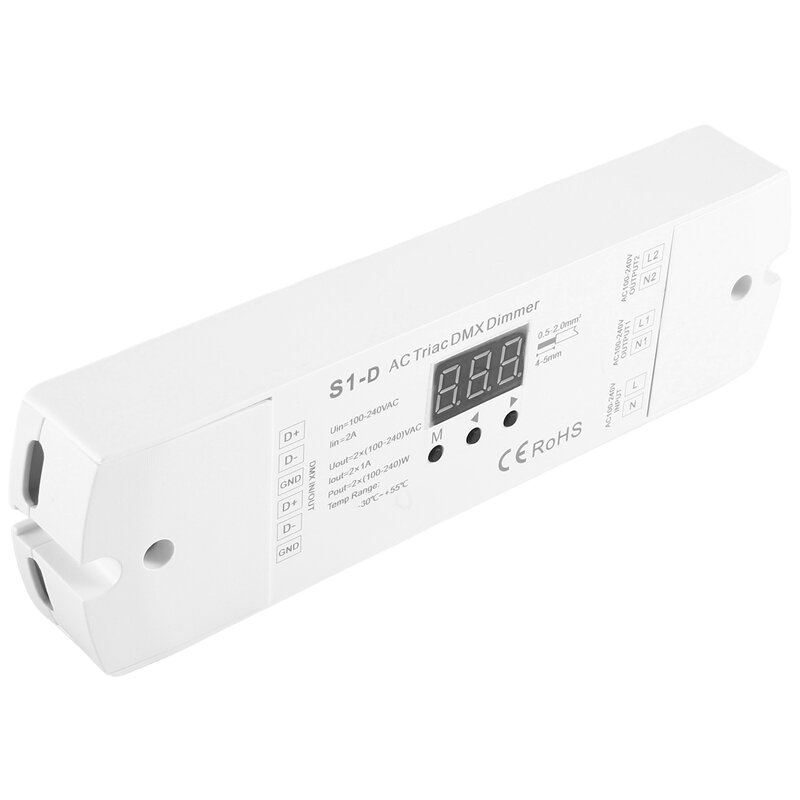 Dual Channel Saída Silicone DMX512 LED Controller, Display Digital, S1-D Branco, 288W, 2CH Triac, DMX, Dimmer