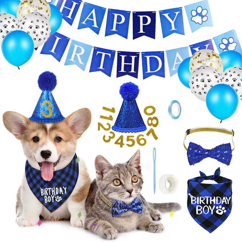 애완 동물 파티 장식 세트, 고양이 개 생일 삼각형 스카프 모자 활 넥타이 개 생일 장식, 0-9 피규어 애완 동물 액세서리 포함
