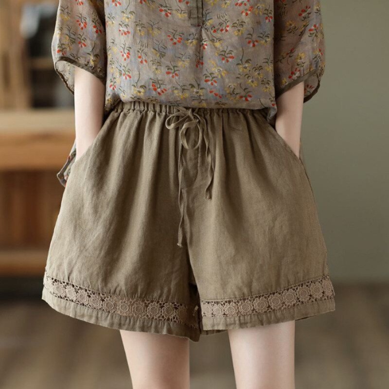 Retro Linen Wide-leg Shorts Women's Thin Summer Elasticized High-waisted Drawstring Hook Flower Hollow Solid Color Casual Pants