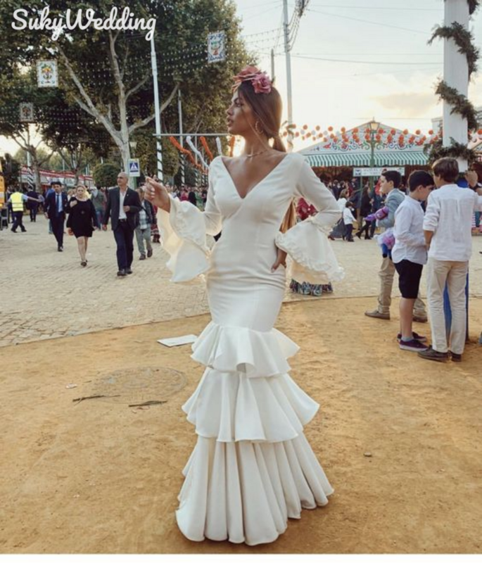 Avorio sirena Flamenco danza abiti da ballo con gonna a strati maniche lunghe scollo a V abiti da sera per Flamenco spagnolo
