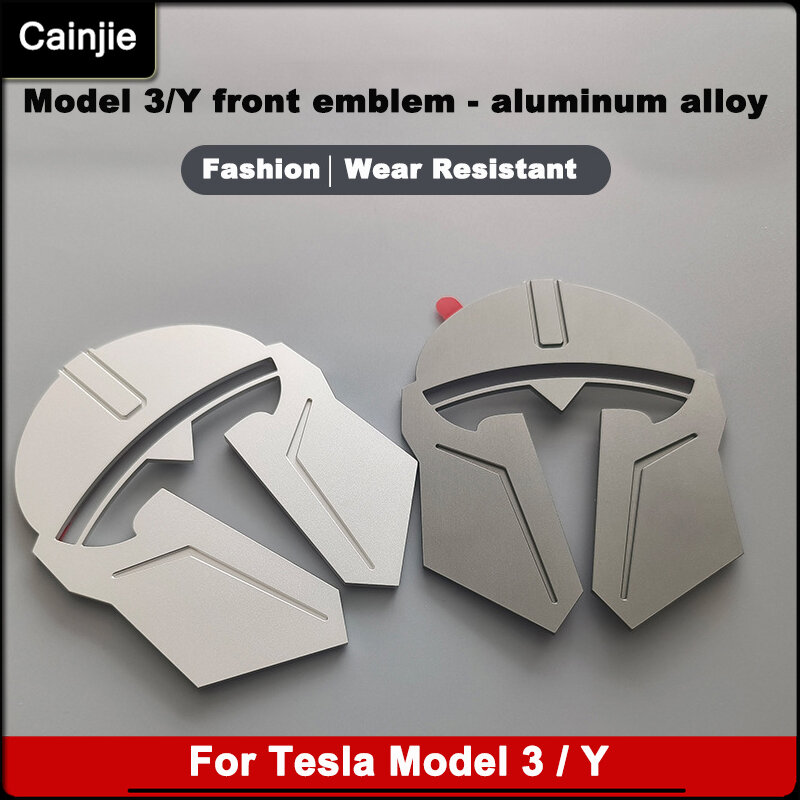 For Tesla Model 3 Y Mandalorian Helmet Design Car Front Logo Emblem Sticker Metal Aluminum Alloy Emblem Modification Accessories