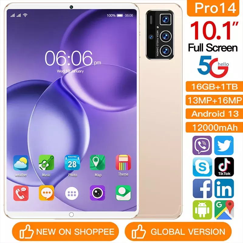 Original Pro 14 Tablet PC, Versão Global, Android 13, 5G, Cartão Dual SIM, WiFi, Google Play, GPS, Tablette, 2022